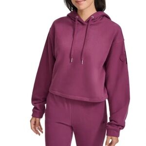 Calvin Klein Cropped Terry Hoodie – Rare Sleeve Monogram Deep Ruby Red